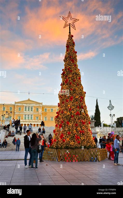 People At A Christmas Tree In Front Of Greek Parliament In Syntagma