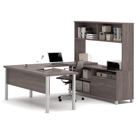 Modern U Shaped Office Desk With Hutch In Bark Gray