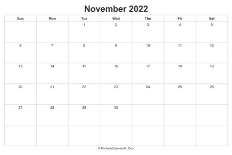 November 2022 Calendar Printable Landscape Layout