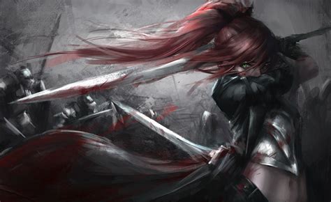 Picture Swords Redhead Girl Warriors Blood Hair Fantasy Young Woman