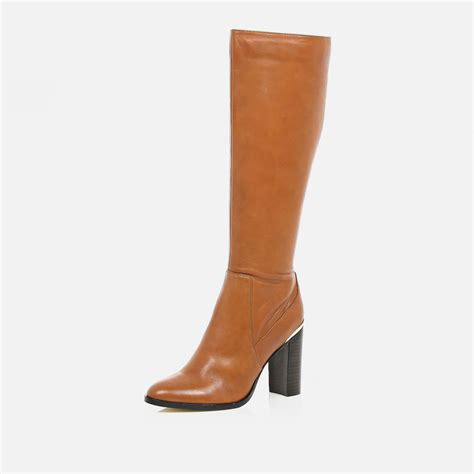 Lyst River Island Light Brown Leather Knee High Heeled Boots In Brown