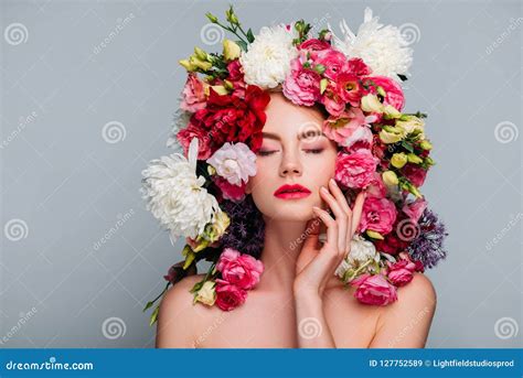 portrait of beautiful naked woman with closed eyes posing in floral wreath stock image image