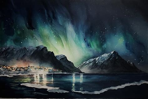 Northern Lights Over Sea Snowy Mountains And City Stock Illustration