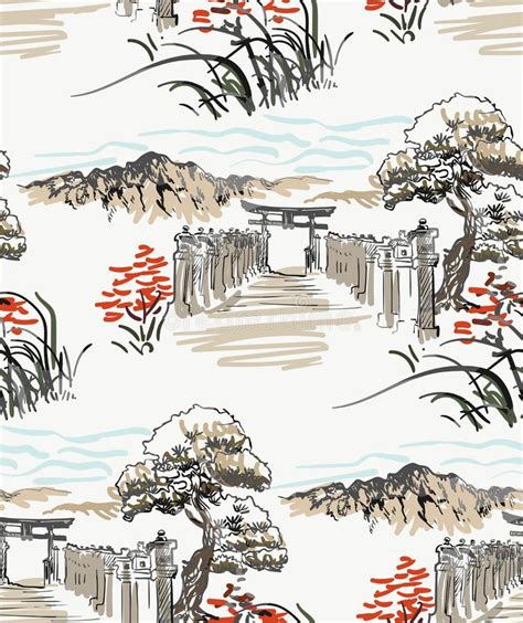 Temple Nature Landscape View Vector Sketch Illustration Japanese