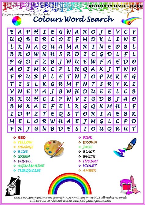 Word Search Colours Hard Version Pdf Penny Saving Mum Kids Word
