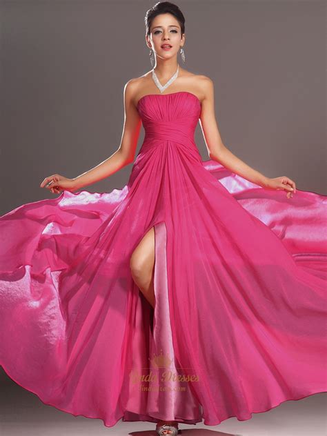 Hot Pink Strapless Chiffon Side Split Prom Dresses With Pleated Bodice