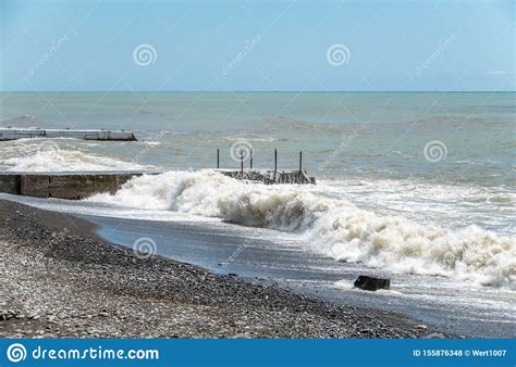 Sea Wave With Spray During Storm At Black Sea In Sochi Russia Stock