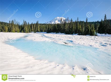 Mount Rainier From A Snow Covered Reflection Lake Stock Image Image