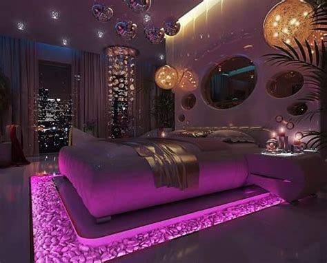 so pretty modern girly bedroom with futuristic lights and purple back lighting luxurious