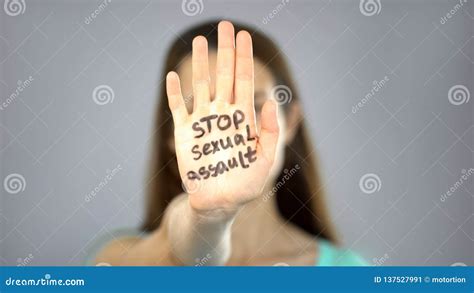 Stop Sexual Assault Sign On Womans Hand Female Rights Protection