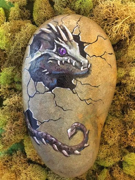 This Hand Painted Rock Of A Baby Dragon Coming Out Of Its