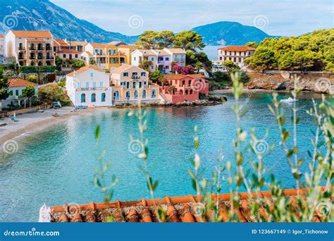 Assos Village In Kefalonia Greece Turquiose Bay Quite Beach And