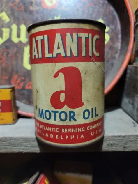 Vintage Antique Atlantic Metal Motor Oil Can Quart Gas Station Garage