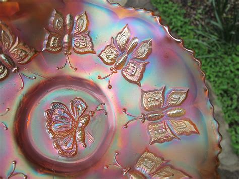 Antique Fenton Marigold Butterflies Carnival Glass Bon Bon Carnival Glass