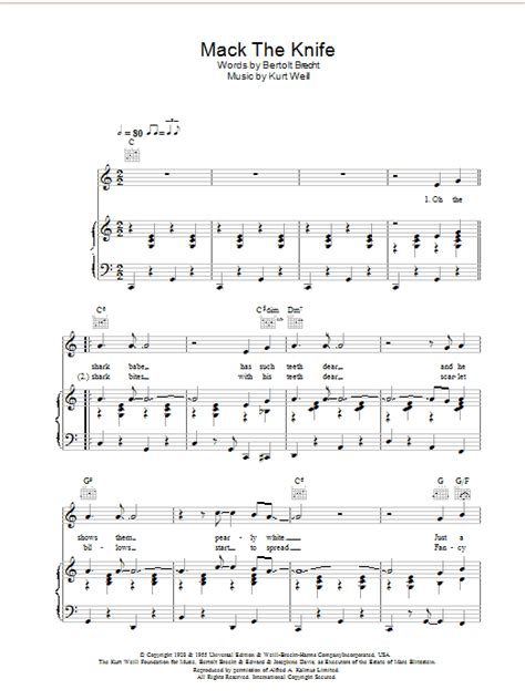 Mack The Knife Sheet Music Bobby Darin Piano Vocal And Guitar Chords Right Hand Melody