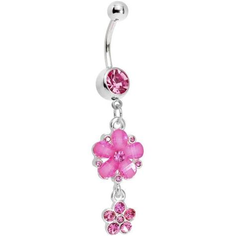 Pink Gem Dual Flower Drop Belly Ring Belly Button Piercing Jewelry Bellybutton Piercings Navel