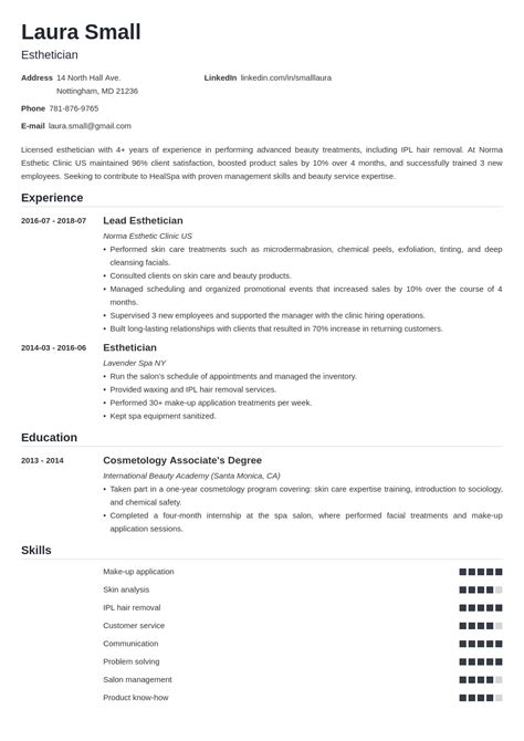 Esthetician Resume Sample And 20 Skills Objectives And Tips