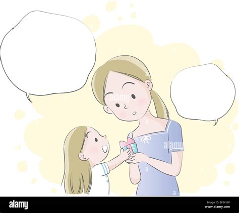 Niña De Dibujos Animados Y Mamá Hablan Con Una Burbuja De Habla En Blanco Imagen Vector De Stock