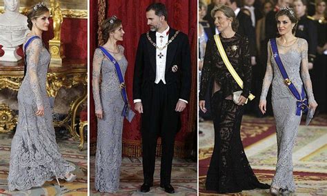 Queen Letizia Dazzles In Diamond Tiara And Lace Gown At Gala Dinner