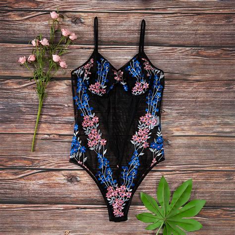 Women Sexy Erotic Lingerie Bodysuit Black Floral Embroidery Mesh Lace