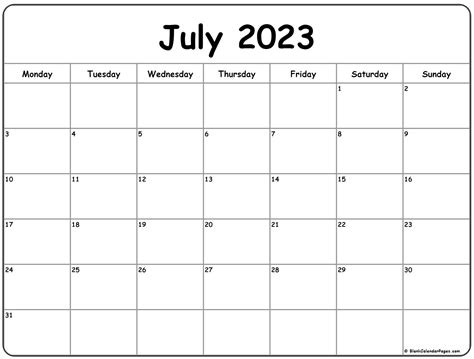 July 2023 Monday Calendar Monday To Sunday