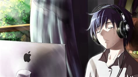 Anime Boy Crying In Front Of Apple Laptop Wallpaperhd Anime Wallpapers