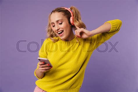 Image Of Cheerful Woman Singing While Stock Image Colourbox