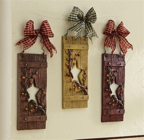 3 Pc Primitive Country Folk Art Star Shutters With Bows And Berries