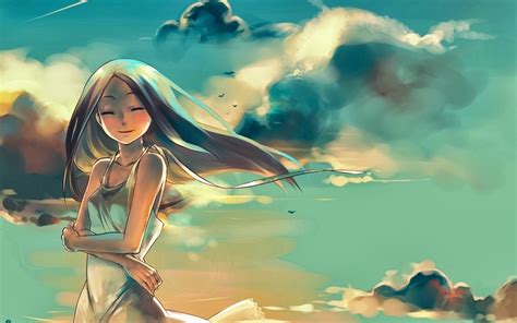 Wallpaper Illustration Closed Eyes Anime Girls Sky Clouds