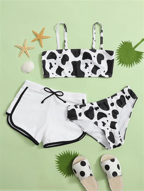 Pack Girls Cow Pattern Shorts Bikini Swimsuit Shein Usa Bikini My Xxx