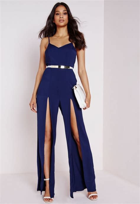 Missguided Strappy Split Leg Jumpsuit Navy In Blue Lyst