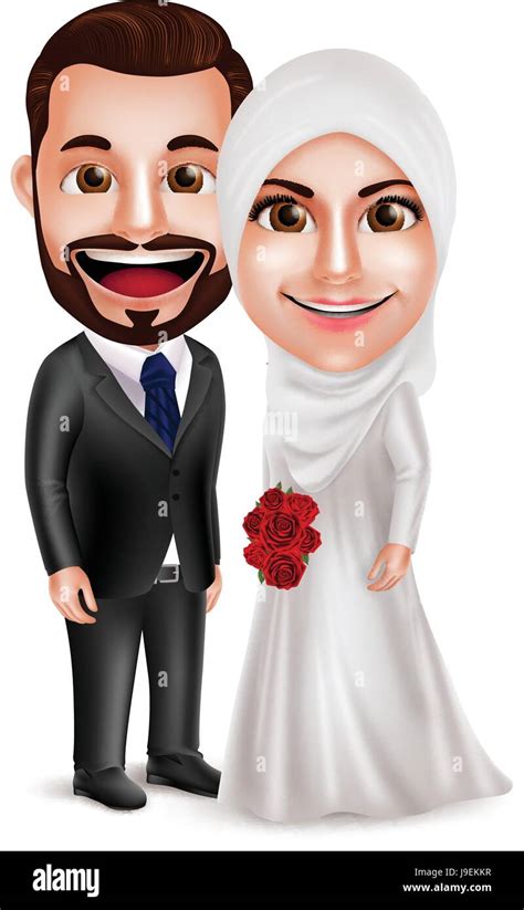 Muslim Couple Vector Characters As Bride And Groom Wearing White