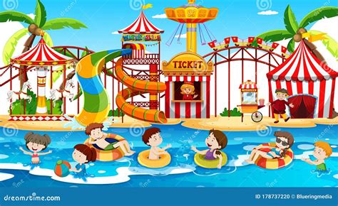 Scene With Children Swimming In The Waterpark Stock Vector