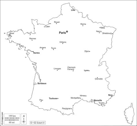 The package contains all available file formats, normally delivered with our premium maps, both for the printable and editable option. France free map, free blank map, free outline map, free base map outline, main cities, names (white)