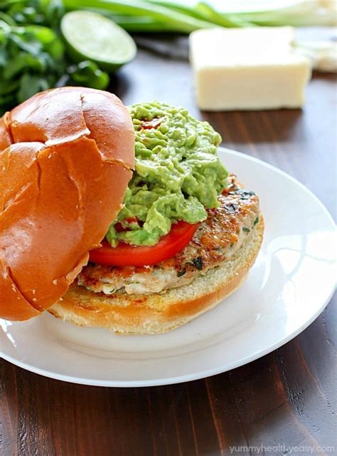 Recipes for delicious homemade chicken fillet burgers, spicy chicken burgers, and cheesy chicken and red pepper burgers that you can make on the bbq or under the grill for an easy supper. Guacamole Chicken Burgers - Yummy Healthy Easy