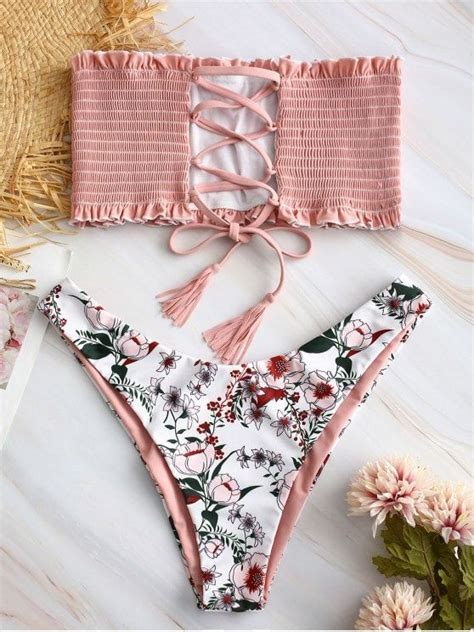 14 Off Popular 2019 Zaful Lace Up Tassels Floral Smocked Bikini