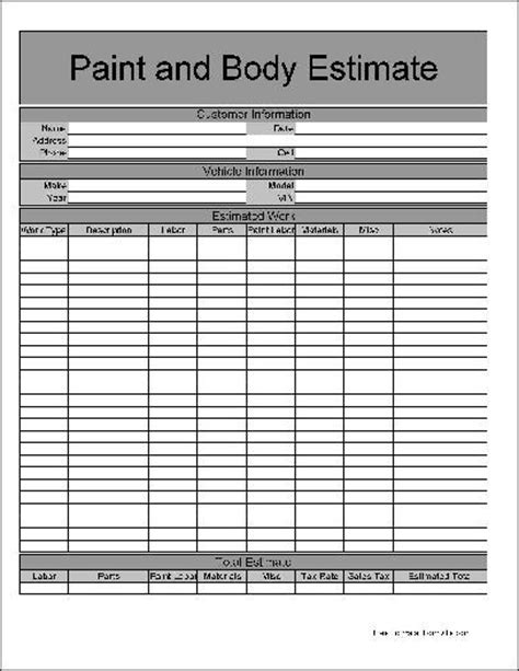 Free Basic Paint And Body Estimate Form From Formville