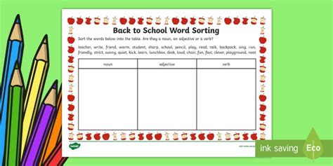 Back To School Parts Of Speech Word Sort Worksheet
