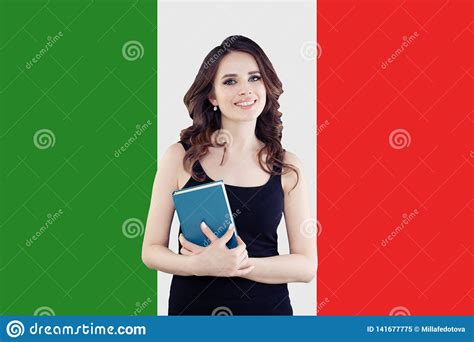 Speak Italian Language Concept Happy Woman On The Italy Flag