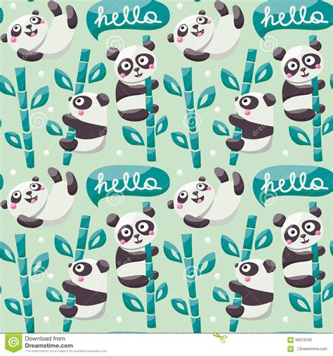 Seamless Pattern With Cute Pandas Bamboo Leafs And Hello Stock Vector