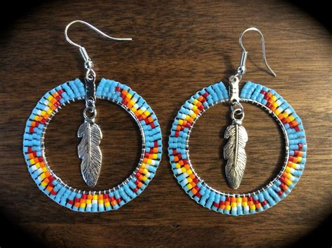 Beaded Hoop Earrings W Feather Native American Style Beadwork In Lt