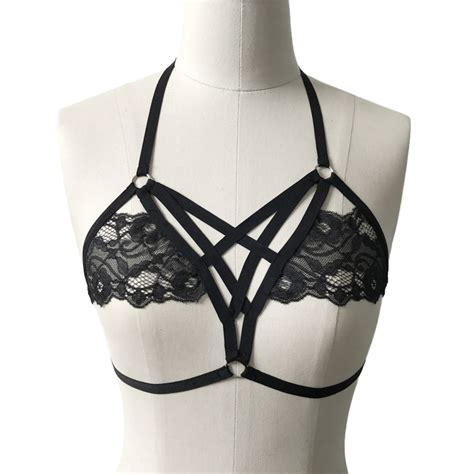 Women Cage Lace Bra Strappy Cupless Halter O Ring Hook Slash Back