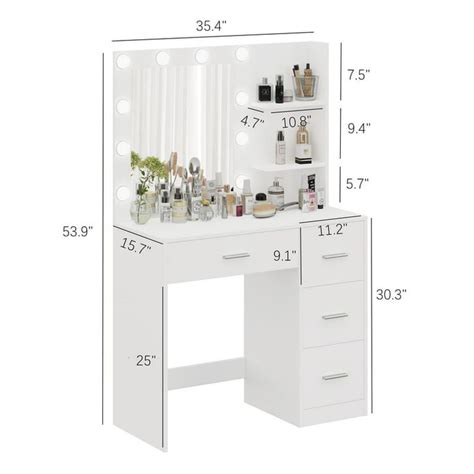 A White Vanity Table With Drawers And Lights On The Top Measurements