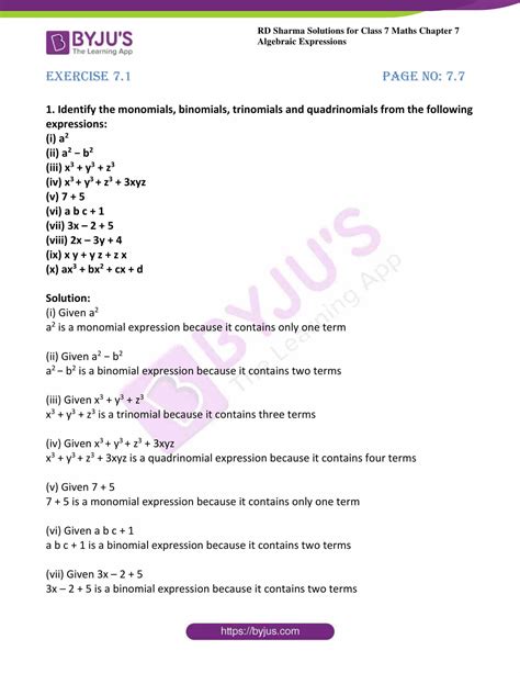 Addition and subtraction of algebraic expressions. RD Sharma Solutions for Class 7 Maths Chapter 7 ...