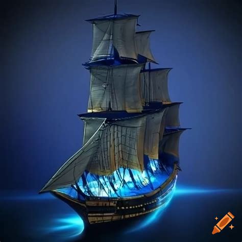 Mighty Sailing Ship Hippaforalkus In Luminous Light Wood With Blue And Gold Paint Scheme On Craiyon