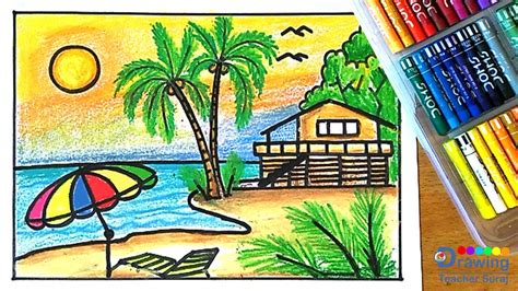 How To Draw Summer Beach Scenery Drawing Step By Step Youtube