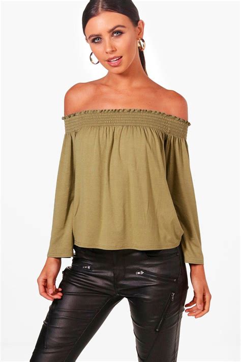 Boohoo Womens Petite Issy Shirred Off The Shoulder Top Ebay