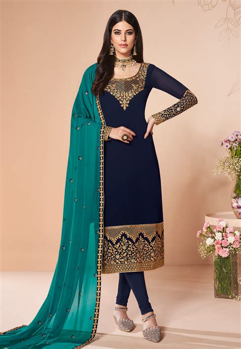 Buy Navy Blue Georgette Churidar Salwar Kameez 192708 Online At Lowest Price From Huge