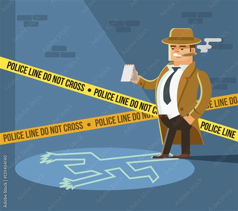 Detective At Crime Scene Dead Body Vector Flat Cartoon Illustration