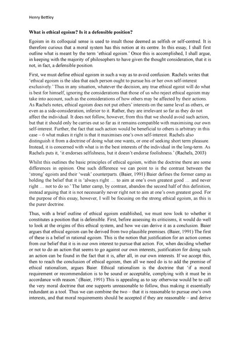 Ethical Egoism Essay Grade 21 Henry Bettley What Is Ethical